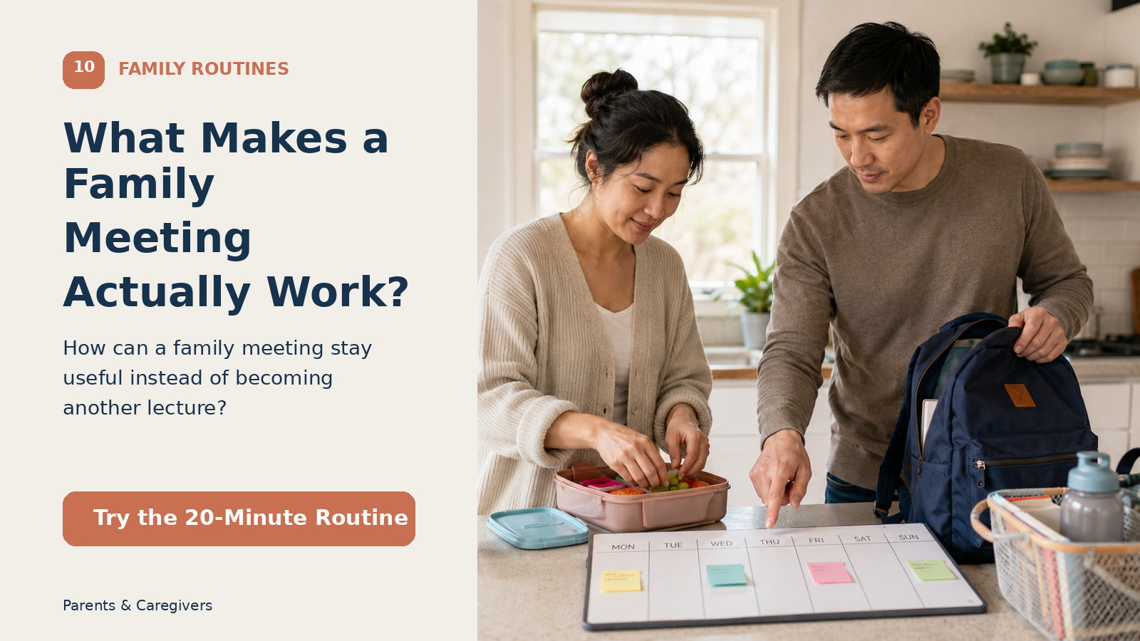 Two caregivers planning family tasks together at a kitchen counter with a weekly board and school bag.