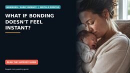 A parent holding a sleeping newborn close in a softly lit living room while resting their cheek against the baby.