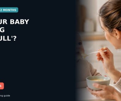 A baby in a high chair looking toward a parent offering a spoon during a calm kitchen mealtime.