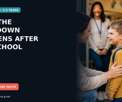 A preschool-age child hugging a parent at pickup while a teacher stands near the classroom entrance.