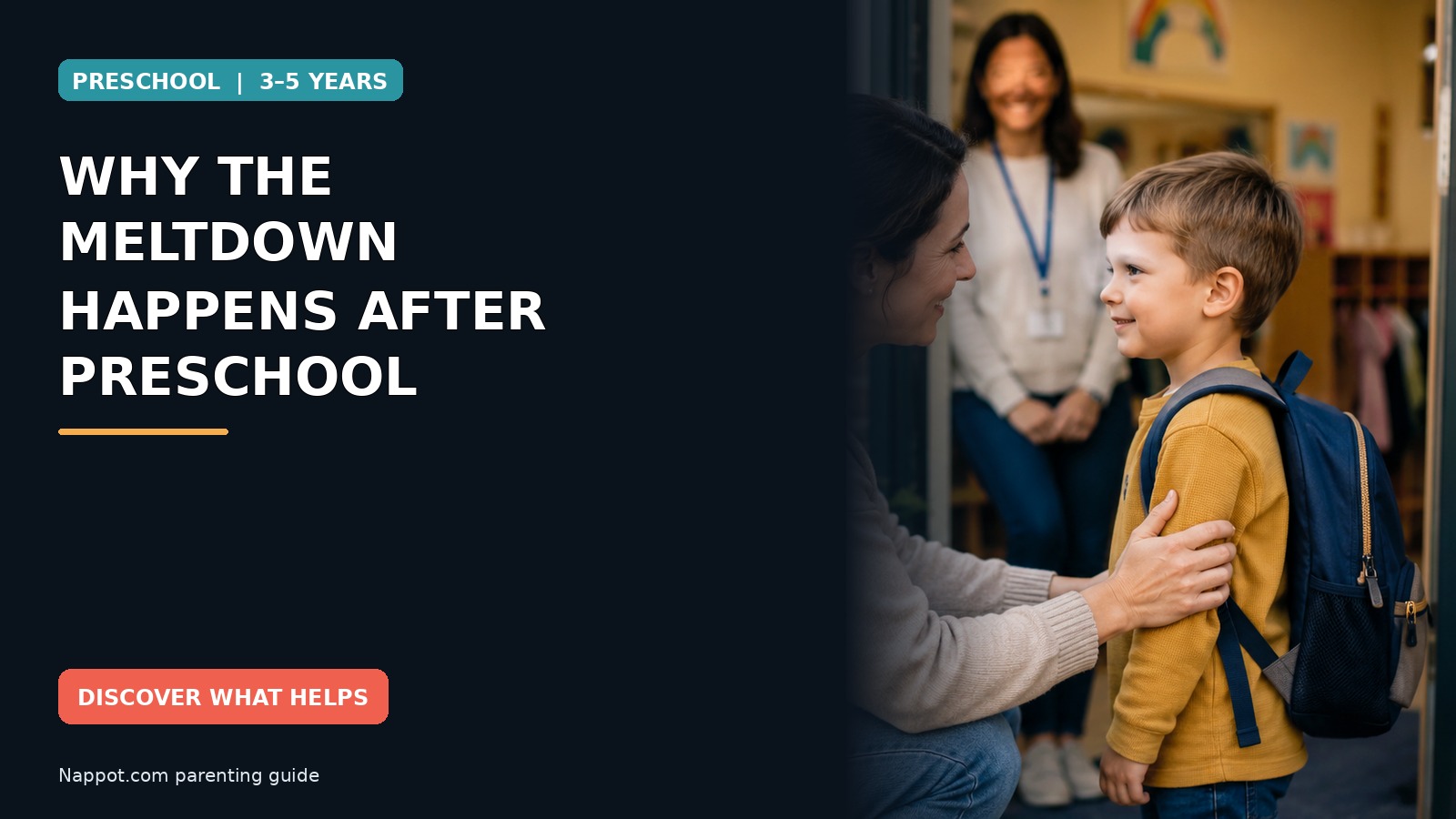 A preschool-age child hugging a parent at pickup while a teacher stands near the classroom entrance.