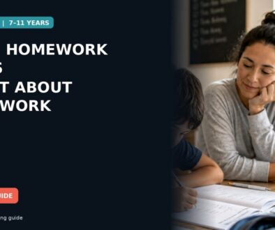 A school-age child looking upset over a worksheet while a parent sits nearby offering calm support.