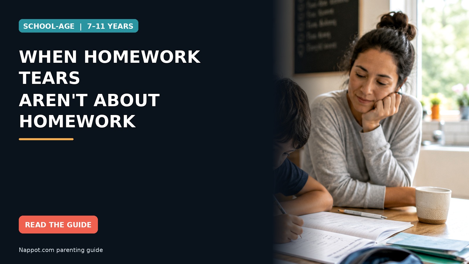 A school-age child looking upset over a worksheet while a parent sits nearby offering calm support.