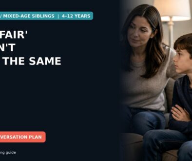 A parent listening calmly while two school-age siblings sit on a sofa during a family conversation.