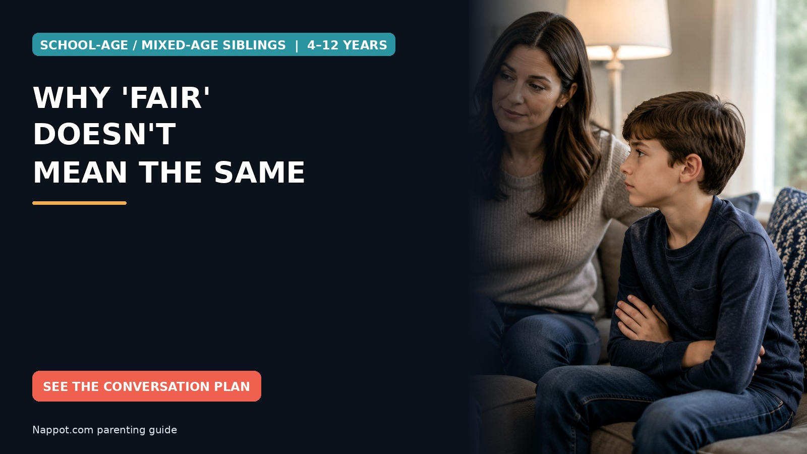 A parent listening calmly while two school-age siblings sit on a sofa during a family conversation.