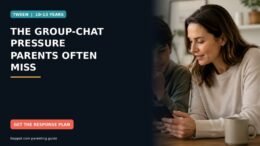 A tween looking at a smartphone while sitting beside a parent during a calm conversation at home.