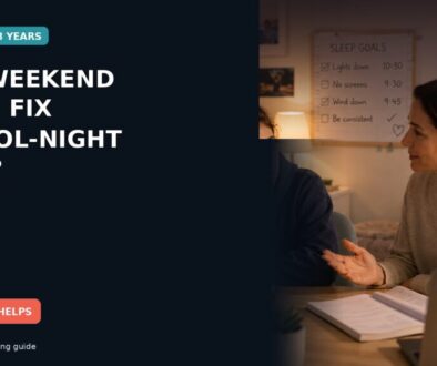 A tired teenager resting in a dim bedroom with a digital clock nearby while a parent checks in from the doorway.