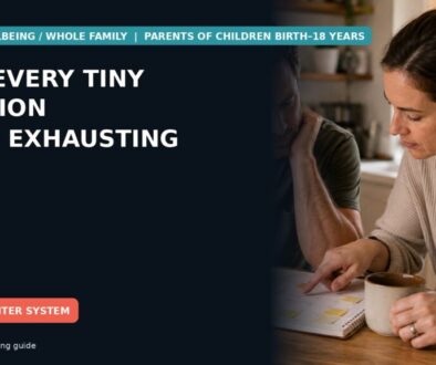 Two parents reviewing a family calendar and notes together at a kitchen table.