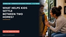 A school-age child with a backpack standing between two caring adults during a calm home handoff.