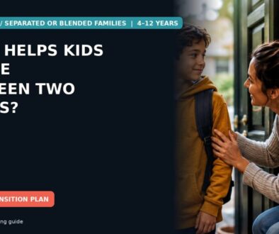 A school-age child with a backpack standing between two caring adults during a calm home handoff.