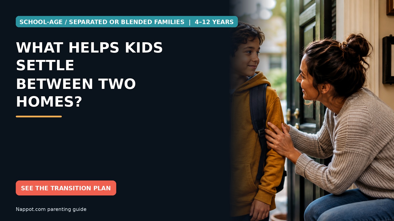 A school-age child with a backpack standing between two caring adults during a calm home handoff.