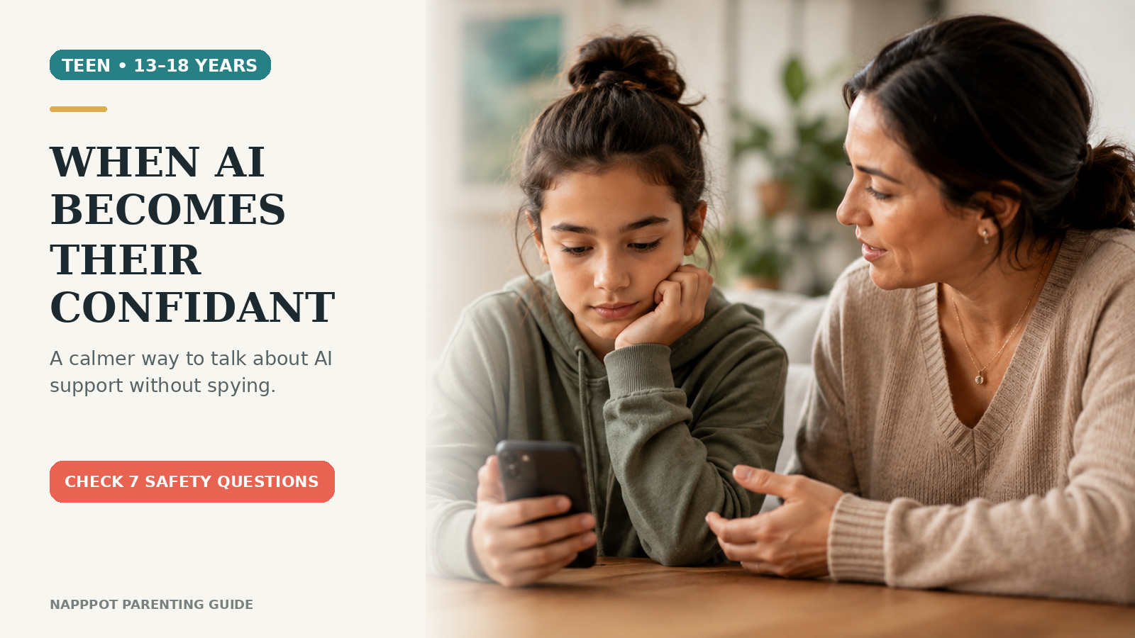 Teen looking at a phone while a parent sits beside them in a calm conversation, with a headline about AI becoming a confidant.
