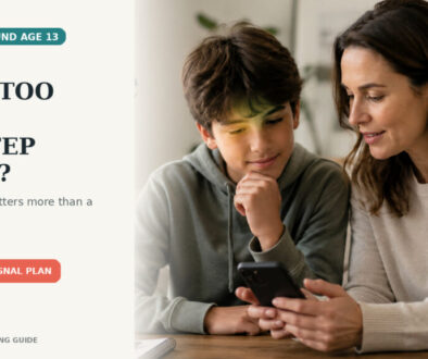 Young teen and parent reviewing a smartphone together at home, with a headline asking whether age 13 is too soon to step back.
