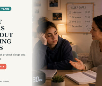 Teen and parent having a calm evening conversation beside a laptop, with a headline about quiet hours without reading chats.