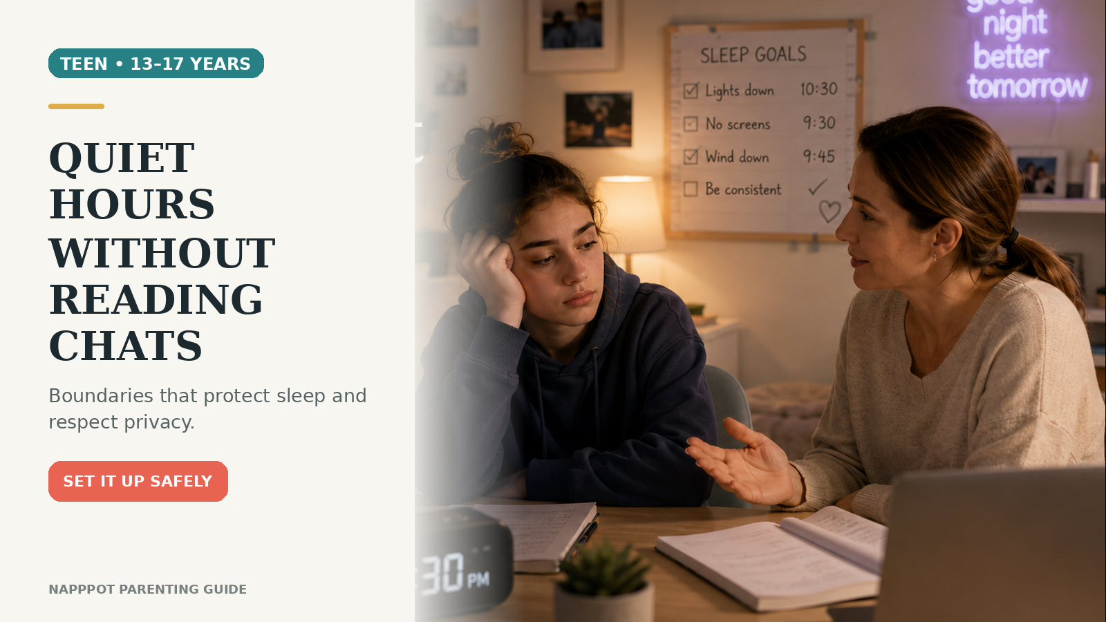 Teen and parent having a calm evening conversation beside a laptop, with a headline about quiet hours without reading chats.
