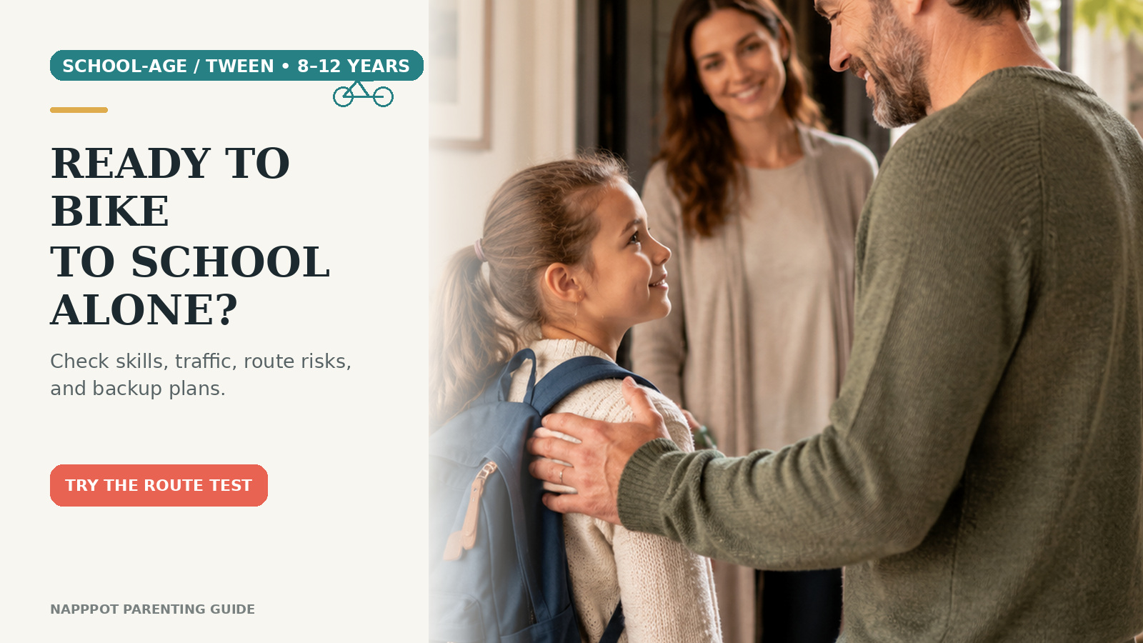 Parent speaking with a school-age child wearing a backpack, with a bicycle symbol and headline asking whether the child is ready to bike to school.