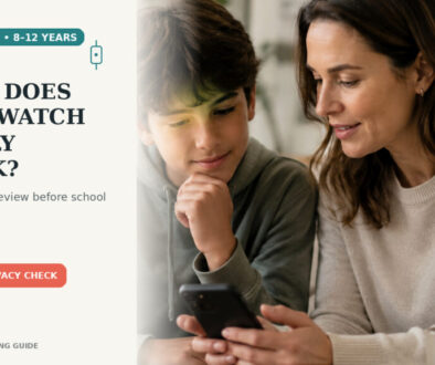 Parent and older child reviewing a smartphone together, with a small smartwatch symbol and headline asking what the watch really tracks.