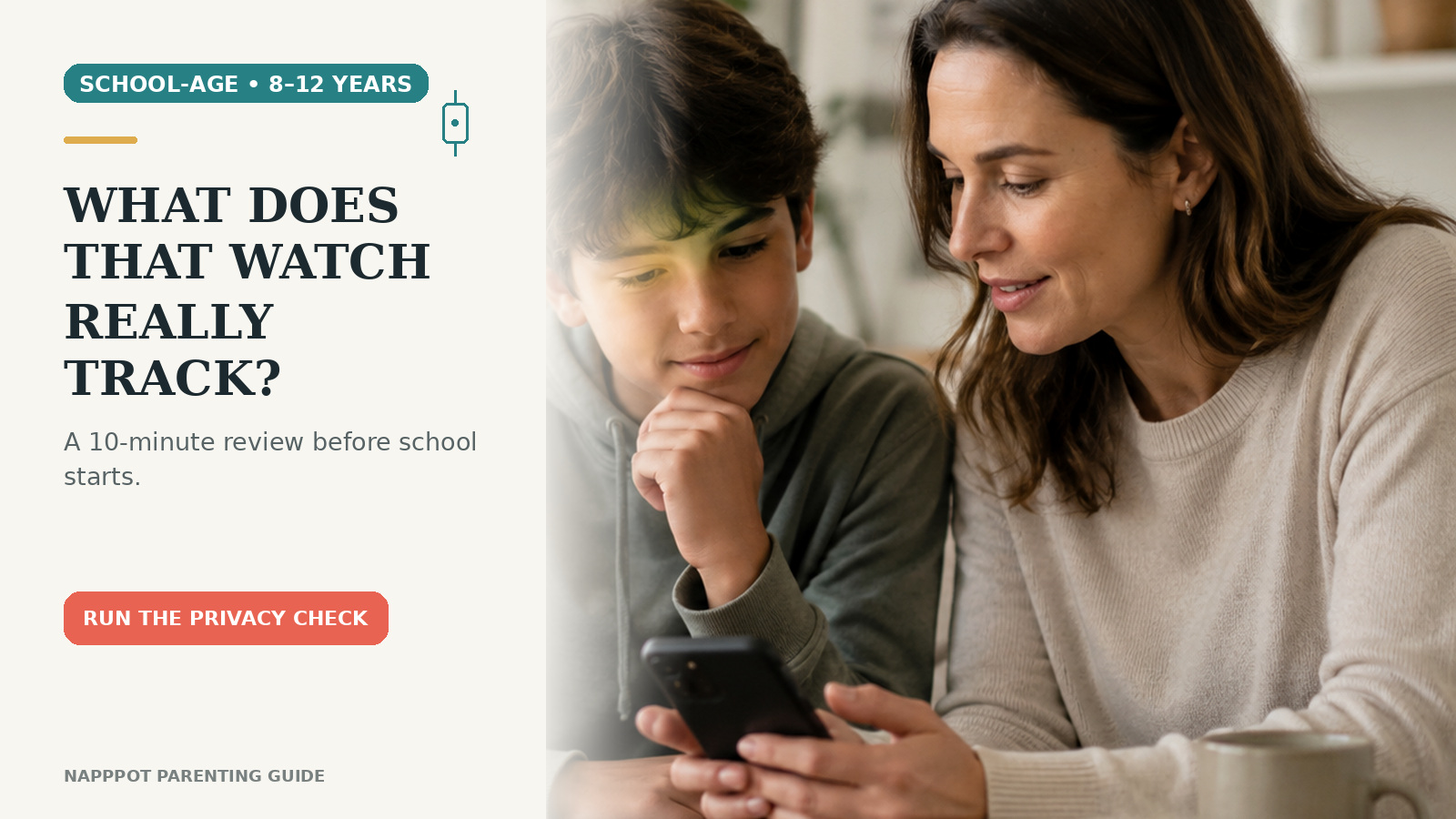 Parent and older child reviewing a smartphone together, with a small smartwatch symbol and headline asking what the watch really tracks.