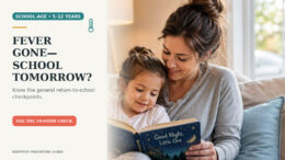 Parent and child resting together at home with a small thermometer symbol beside a headline asking whether school is appropriate tomorrow.