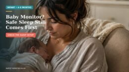 Parent holding a young baby at home beside a clean sleeping area while reviewing safe-sleep monitoring basics.