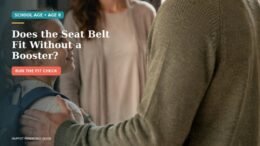 School-age child preparing for a carpool ride with an adult checking travel-safety basics.