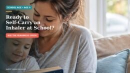 Parent and school-age child discussing a prescribed inhaler and school health plan at home.