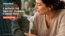 Tween and parent discussing sports readiness and eye-care routines at home.