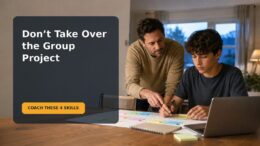 A parent calmly coaches a stressed teen who is planning a school group project