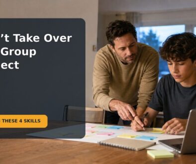 A parent calmly coaches a stressed teen who is planning a school group project