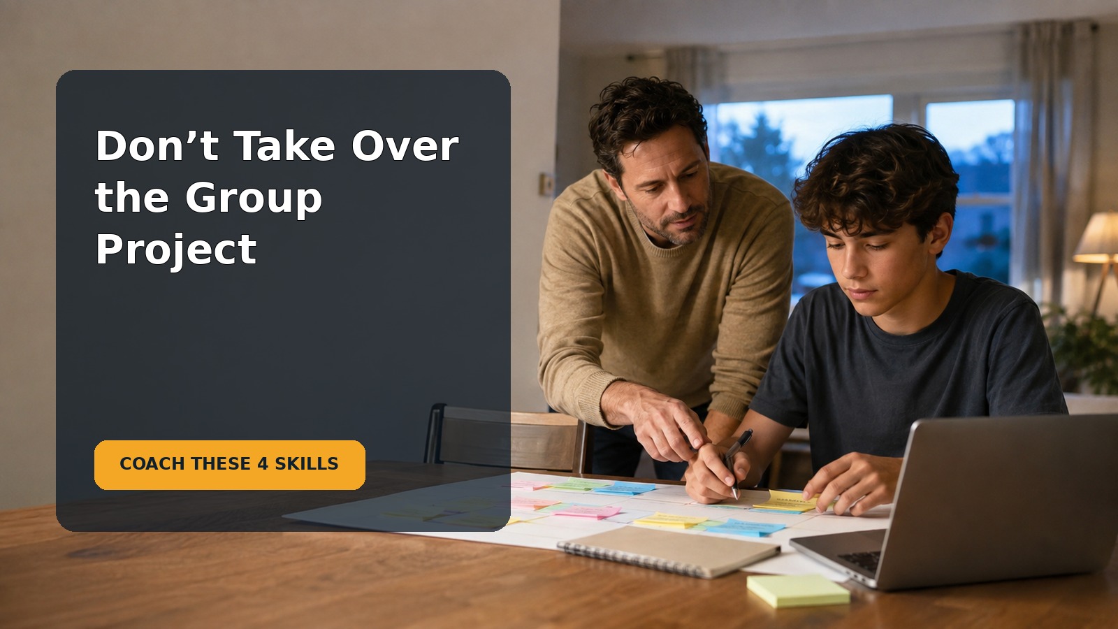 A parent calmly coaches a stressed teen who is planning a school group project