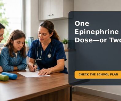 Editorial family scene showing a school-age child and caregiver preparing two epinephrine auto-injectors for school