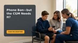 Editorial family scene showing a 12-year-old and caregiver planning how to keep a CGM phone accessible under a school phone policy