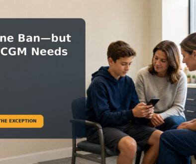 Editorial family scene showing a 12-year-old and caregiver planning how to keep a CGM phone accessible under a school phone policy