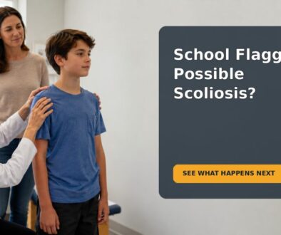 Editorial family scene showing an 11-year-old and caregiver discussing follow-up after a possible scoliosis school screening result