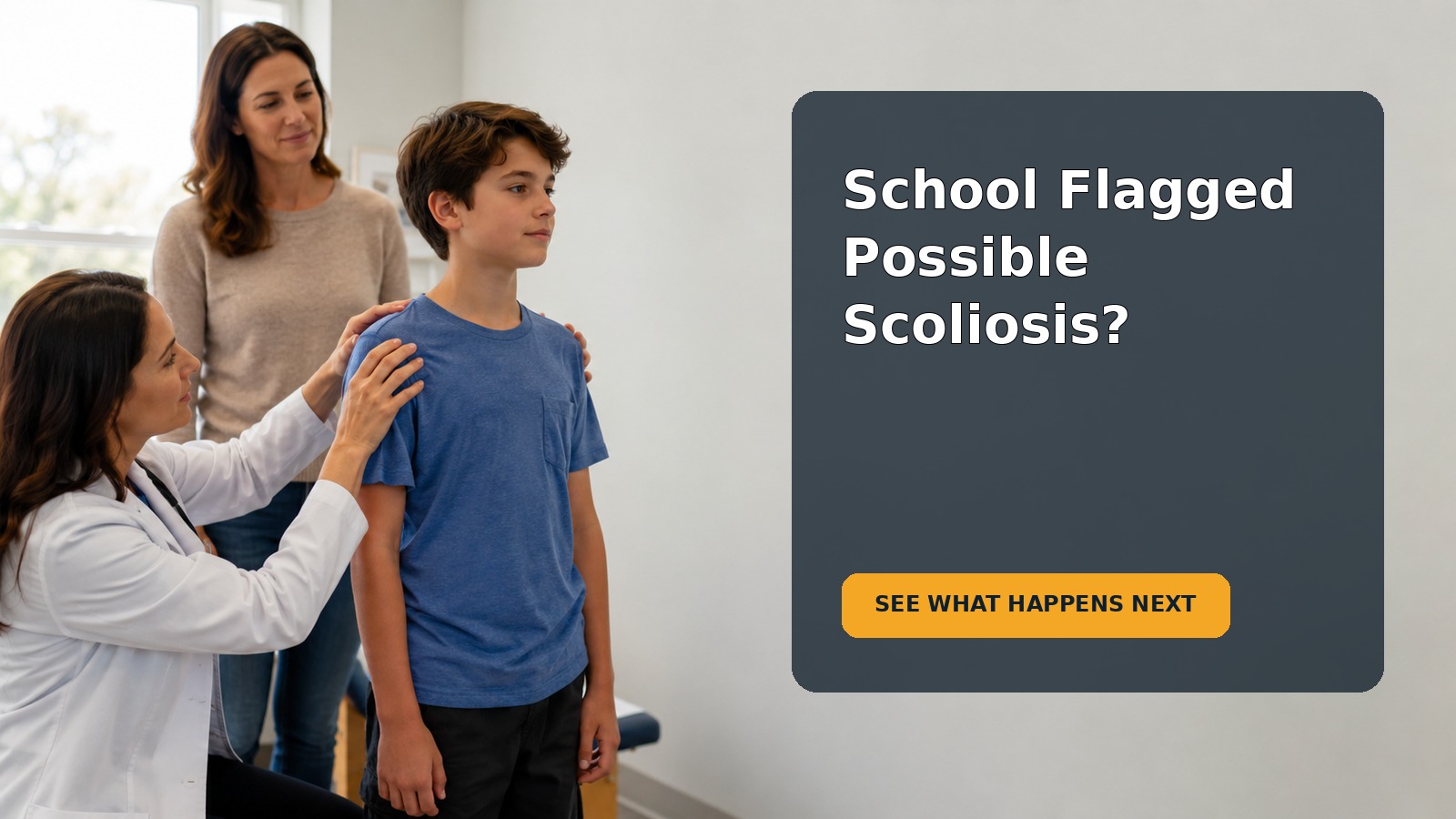 Editorial family scene showing an 11-year-old and caregiver discussing follow-up after a possible scoliosis school screening result