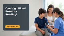 Editorial family scene showing an 11-year-old and caregiver calmly discussing follow-up after a high school blood pressure reading