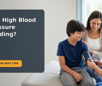 Editorial family scene showing an 11-year-old and caregiver calmly discussing follow-up after a high school blood pressure reading