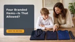 Parent and school-age child reviewing a branded school uniform list in England