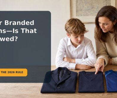 Parent and school-age child reviewing a branded school uniform list in England