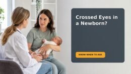 Parent holding a newborn while observing the baby’s eye alignment in natural light
