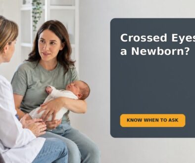 Parent holding a newborn while observing the baby’s eye alignment in natural light