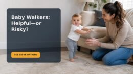 Baby practicing supported standing beside a caregiver in a safe play area