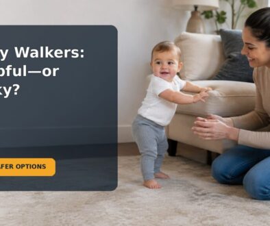 Baby practicing supported standing beside a caregiver in a safe play area