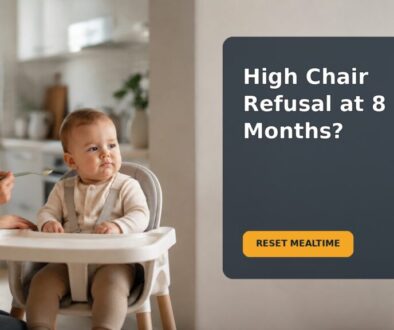 An 8-month-old baby sitting in a high chair while a caregiver offers calm support at mealtime