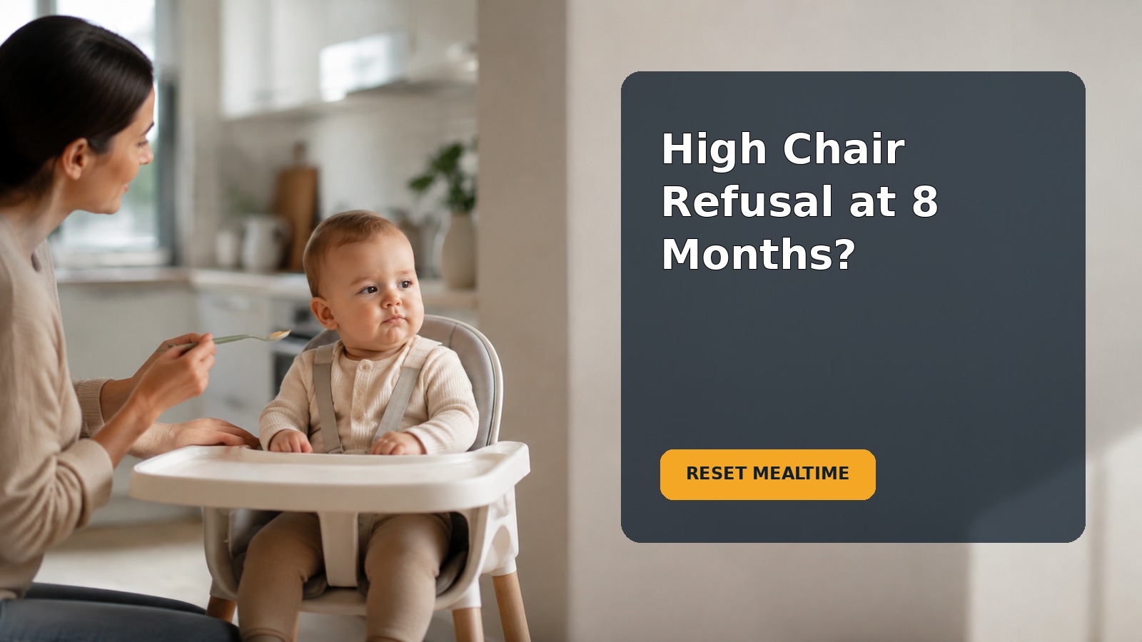 An 8-month-old baby sitting in a high chair while a caregiver offers calm support at mealtime