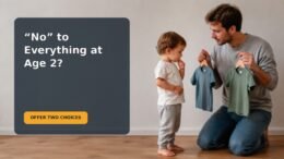 A parent calmly offering two simple choices to a 2-year-old during a home routine