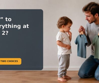 A parent calmly offering two simple choices to a 2-year-old during a home routine