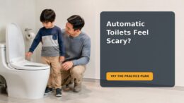A parent calmly helping a 4-year-old practice using an automatic-flushing toilet during an outing