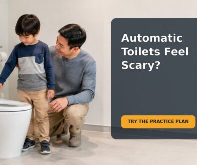 A parent calmly helping a 4-year-old practice using an automatic-flushing toilet during an outing