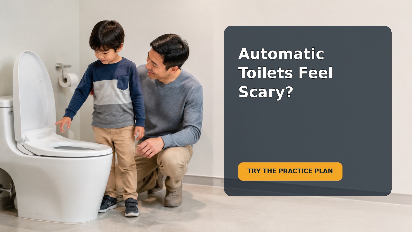 A parent calmly helping a 4-year-old practice using an automatic-flushing toilet during an outing